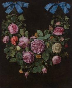 青いリボンで吊るされたバラのスワッグ（油彩・キャンバス） 作： Jan van the Elder Kessel