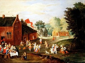 村の中で食事をする農民たち 作： Jan van the Elder Kessel