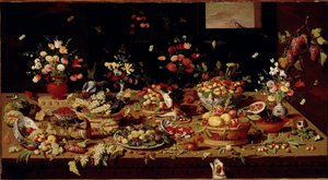 果物と花のある静物画 テーブルの上にはイチジク、プラム、ザクロ、ブドウ、モモなどの食器が置かれています。ヤン・ファン・ケッセル(1626-1679)の銅絵 Galleria Doria Pamphilj, Rome - ヤン・ファン・ケッセル(1626-79)の「花と果物と動物の静物」。