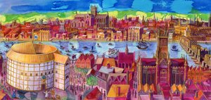 サウスバンクのシェイクスピアグローブ座、2006年（インクとガッシュ） 作： Jane Tattersfield