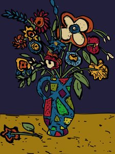 ラウドウェアのジャグの花、2012年（元のリノカットからフォトショップで再着色）