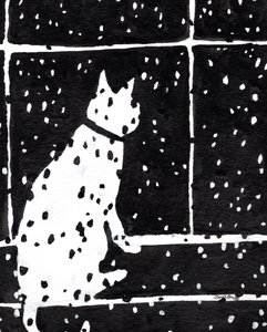 雪嵐に燃える窓辺の猫 2019年頃 （紙にインク） 作： Janel Bragg