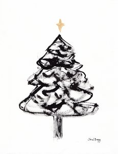 クリスマス・ツリーと墨と金十字架 2021年頃 （紙に墨、水彩） 作： Janel Bragg