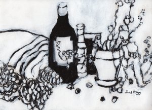オリーブオイルと松ぼっくりのある静物》2017年（木炭、ジェッソ、紙） 作： Janel Bragg