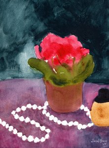 真珠と香水瓶のある静物 2024年頃 （水彩、紙） 作： Janel Bragg