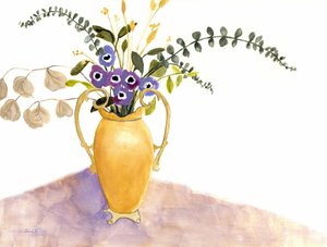 紫の花とイギリスの花瓶のある静物 2024年頃 （紙に水彩画） 作： ジャネル・ブラッグ