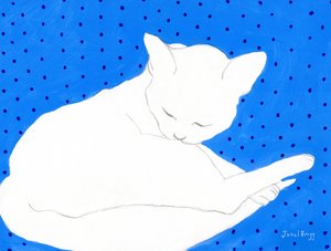 青地に水玉の白猫 2024年頃 （水彩、カゼイン、紙） 作： Janel Bragg