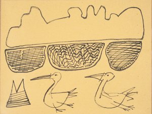 鳥と湖」2016年（トウモロコシの紙にインク 作： Janet McKenzie