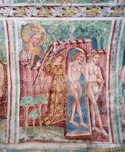 Hrastovlje要塞教会、三位一体教会、楽園から追放されたアダムとイヴ（1490年）、Janez Iz Kastvaによるフレスコ画の詳細、スロベニア 作： Janez Kastav