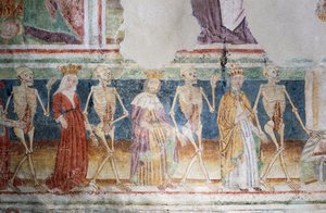Hrastovlje要塞教会、三位一体教会、教皇と王妃に付き添う死、死の舞踏（1490年）、Janez Iz Kastvaによるフレスコ画の詳細、スロベニア 作： Janez Kastav