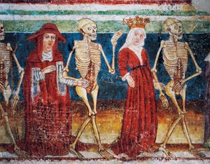 Hrastovlje要塞教会、三位一体教会、女王と枢機卿に付き添う死、死の舞踏（1490年）、Janez Iz Kastvaによるフレスコ画の詳細、スロベニア 作： Janez Kastav
