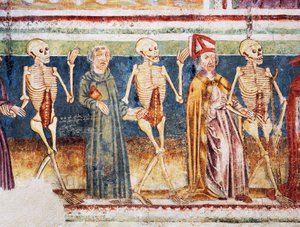 Hrastovlje要塞教会、三位一体教会、司教と修道士に付き添う死、死の舞踏（1490年）、Janez Iz Kastvaによるフレスコ画の詳細、スロベニア