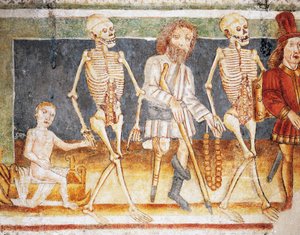 Hrastovlje要塞教会、三位一体教会、子供と貧乏人に付き添う死、死の舞踏（1490年）、Janez Iz Kastvaによるフレスコ画の細部（1490年）、スロベニア 作： Janez Kastav