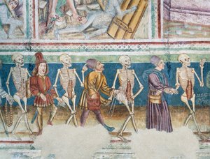 Hrastovlje要塞教会、三位一体教会、商人と裕福な銀行家に同行する死、死の舞踏（1490年）、Janez Iz Kastvaによるフレスコ画の詳細、スロベニア 作： Janez Kastav