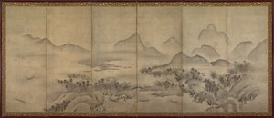 月明かりに照らされた風景 (ペアの 1 つ) 作： Japan, Muromachi period