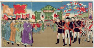 19世紀後半の日中戦争のエピソード、日本将校と韓国当局者の会談（カラー木版画） 作： Japanese School