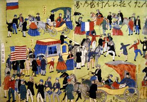日本の横浜に到着したアメリカ、オランダ、フランスの訪問者、1860年頃（カラー木版画） 作： Japanese School