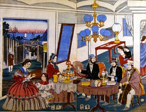 日本に住むアメリカ人やヨーロッパ人の家族、1860年頃（カラー木版画）