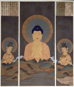 阿弥陀如来と観音菩薩、勢至菩薩の三尊像（カラーリトグラフ） 1909年1月雑誌「國華」の挿絵。 作： Japanese School