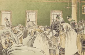 Atendendo aos Feridos Russos no Hospital Temporário da Cruz Vermelha Japonesa em Chemulpo (chromolitho) 作： Japanese School