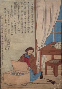 オーデュボンがノルウェーのネズミによって破壊された水彩画の箱を開けたc.1872-77 作： Japanese School
