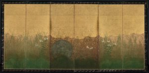 武蔵野平野の満月の秋の夜、1600年代初頭の6つ折りスクリーンの1つ（金色の紙にインク、色、金と銀の箔） 作： Japanese School