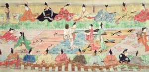17世紀初頭の村松物語の塗られた手巻きからの宴会シーン（ペンとインク、トイレ、ガッシュ、紙に銀と金） 作： Japanese School