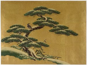 木の鳥（和紙の金地面に対してトイレ） 作： Japanese School