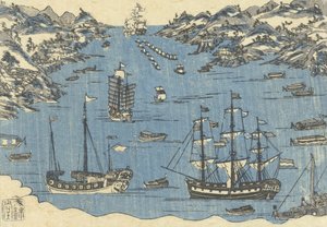 長崎港の外船の文金堂版画、1800〜50年 作： Japanese School