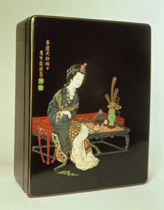 律夫の緑の陶器印鑑（象牙漆、陶器、真珠母貝、亀の甲羅）が刻印された中華風の書き物箱