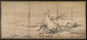 中国の風景、6つ折りスクリーンのペアの1つ 作： Japanese School