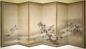 小川の菊（紙にインク） 作： Japanese School