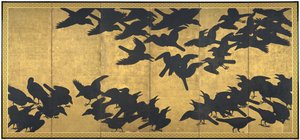 カラス、17世紀初頭（6つのパネルスクリーンのペア、紙にインクと金） 作： Japanese School