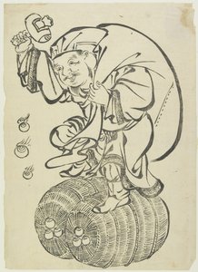 18世紀半ばから後半にかけての米俵の上で踊る大黒神（版画） 作： Japanese School
