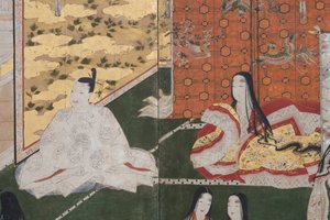 春の宮殿の詳細、源氏物語の6面スクリーン、1650年頃（紙にインク、色、金） 作： Japanese School