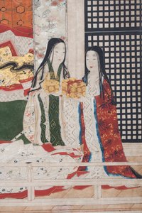 春の宮殿の詳細、源氏物語の6面スクリーン、1650年頃（紙にインク、色、金）