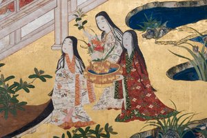 春の宮殿の詳細、源氏物語の6面スクリーン、1650年頃（紙にインク、色、金）
