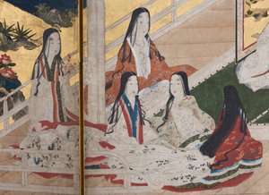 春の宮殿の詳細、源氏物語の6面スクリーン、1650年頃（紙にインク、色、金）