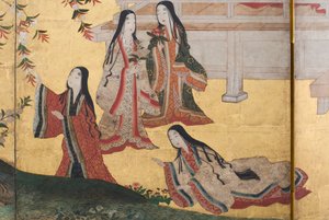 春の宮殿の詳細、源氏物語の6面スクリーン、1650年頃（紙にインク、色、金）