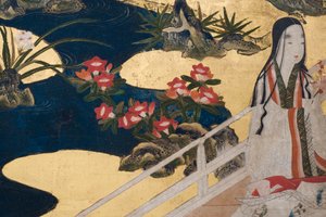 春の宮殿の詳細、源氏物語の6面スクリーン、1650年頃（紙にインク、色、金） 作： Japanese School