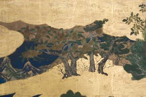 春の宮殿の詳細、源氏物語の6面スクリーン、1650年頃（紙にインク、色、金） 作： Japanese School