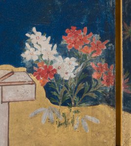 春の宮殿の詳細、源氏物語の6面スクリーン、1650年頃（紙にインク、色、金） 作： Japanese School