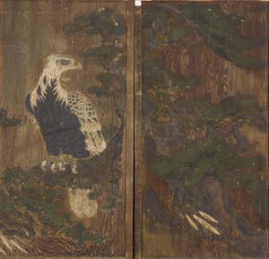桃山時代、おそらく17世紀の松の木の鷲（木の上のインクと色） 作： Japanese School