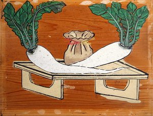 ムーリとお弁当を描いた絵馬（木地着色） 作： Japanese School