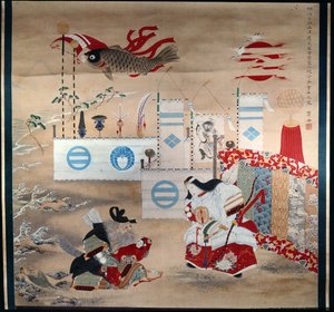 皇後神護皇后と旧武将武知武之助、法皇皇后の息子を抱いて-鯉のバナーは皇后の息子を象徴 作： Japanese School