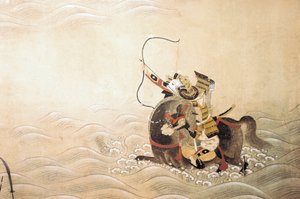 源平合戦（1180-1185）のエピソード：弓を持って馬に乗った武士が、グエで川を渡る。土佐派の日本美術