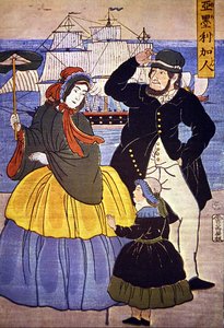 1861年に日本人画家が描いた横浜港前のヨーロッパ人家族 作： Japanese School