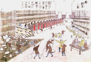19世紀後半のクジラ製品の製造工場（カラー彫刻） 作： Japanese School