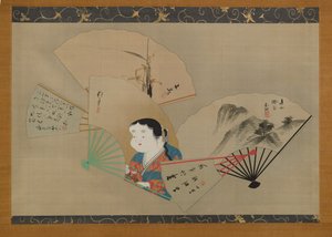 Five Fans, by Sakai Hoitsu (1761-1828), Tani Buncho (1763-1840), Haruki Nanko (1759-1839), Kameda Bosai (1752-1826) and Kikuchi Gozan (1772-1855), c.1820s (hanging scroll, ink, gofun & gold on silk)
