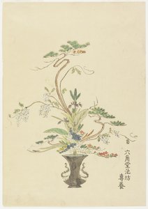 六角堂の生け花？池坊？セニー？松とアカシア（手塗りの木版画） 作： Japanese School